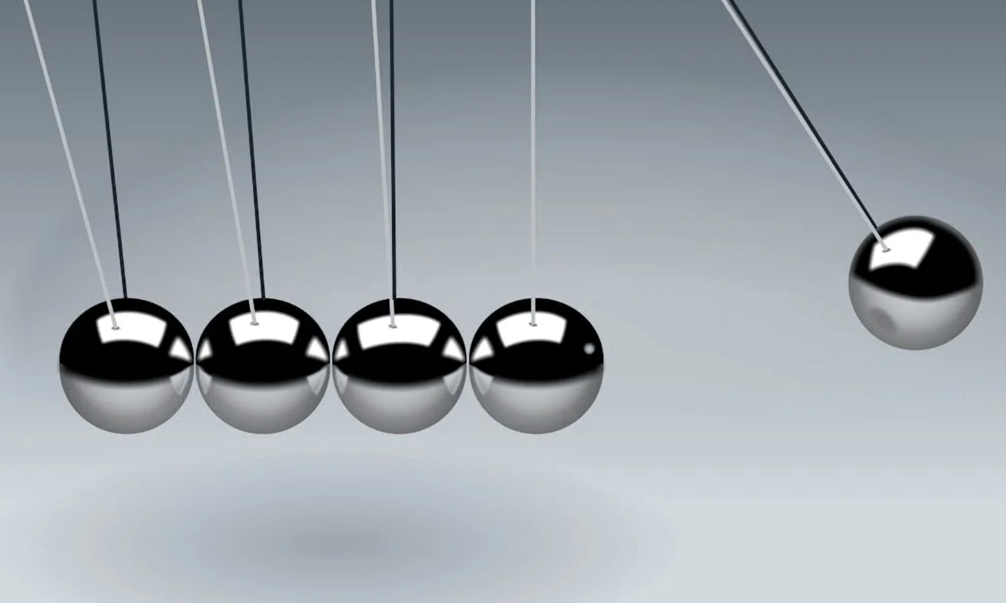 photo showing a "Newton's cradle" where five balls are hung by strings, four of which are touching and one is raised to the side.